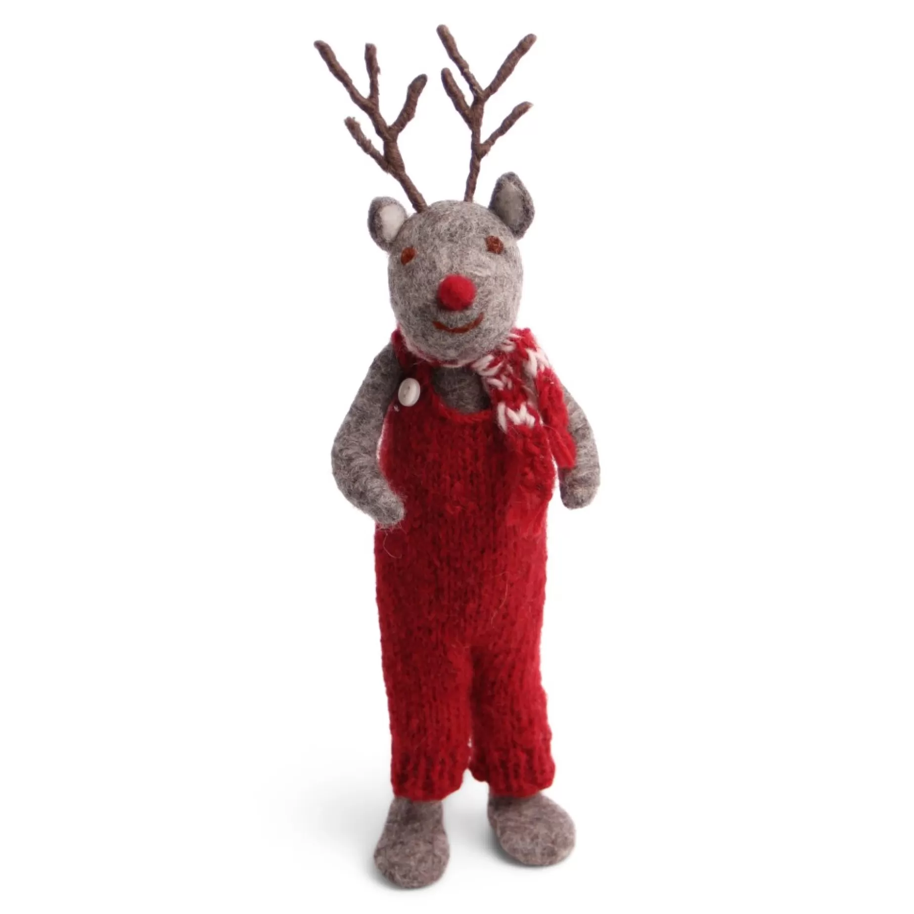 En Gry & Sif Christmas Figurine - Reindeer In Red Overalls (Grey) - Large | Felt Figurines