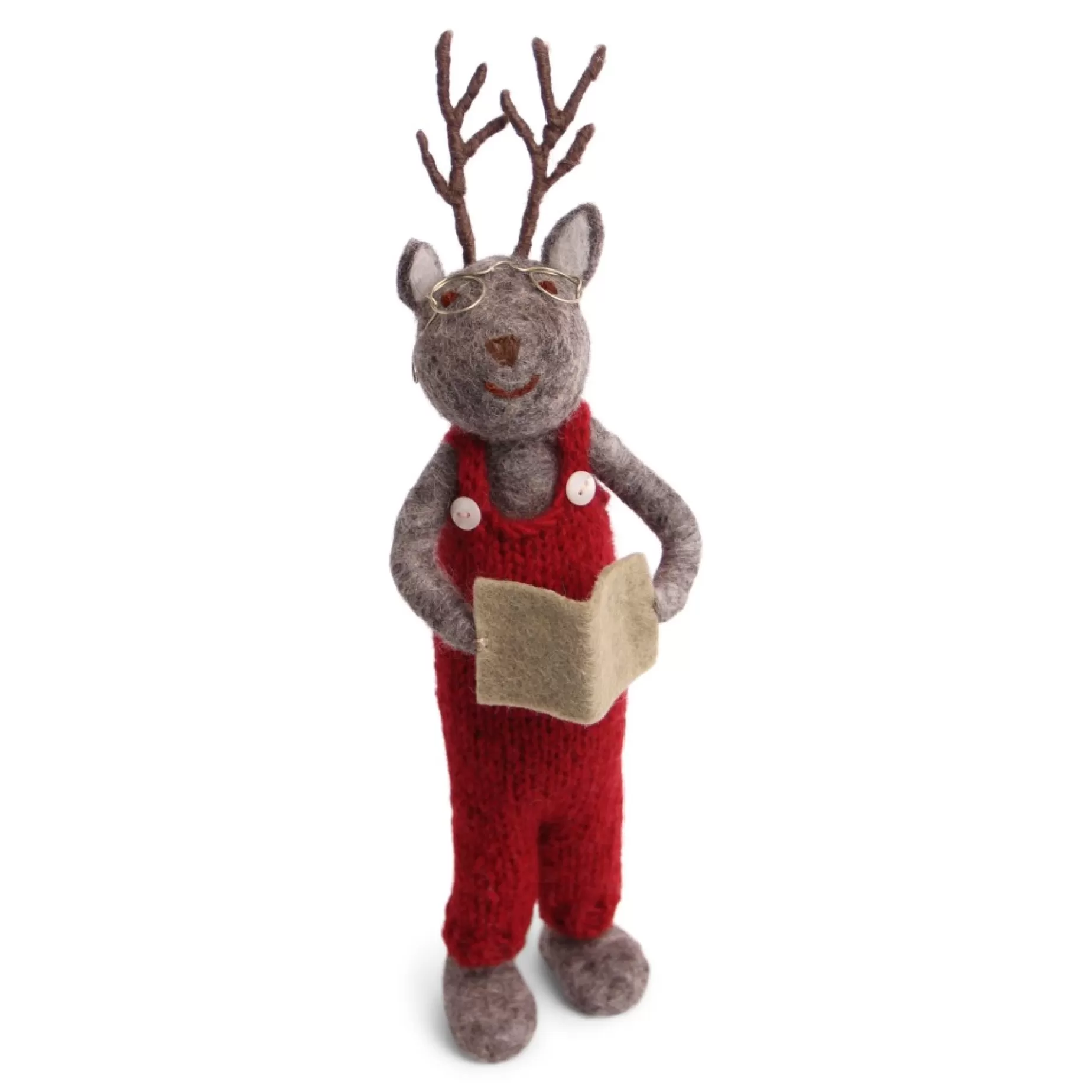 En Gry & Sif Christmas Figurine - Reindeer With Book (Grey) - Large | Felt Figurines