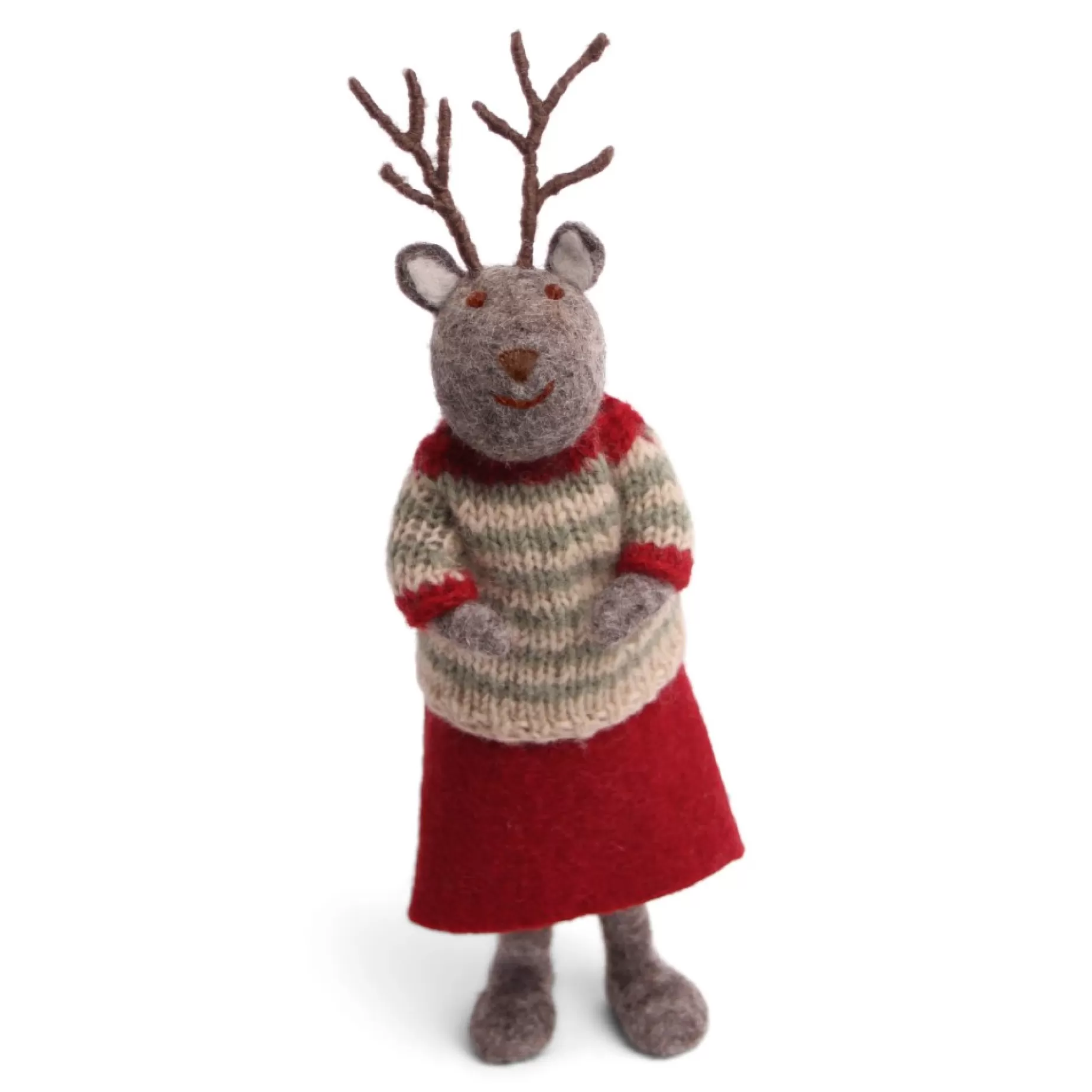 En Gry & Sif Christmas Figurine - Reindeer With Christmas Sweater (Grey) - Large | Felt Figurines