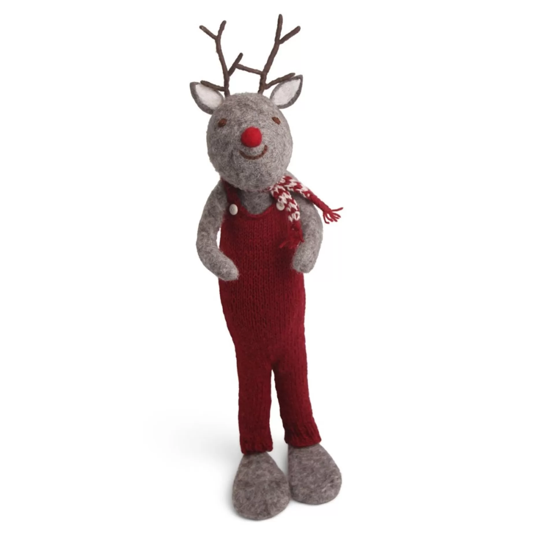 En Gry & Sif Christmas Figurine - Reindeer With Red Overalls (Grey) - Extra Large | Felt Figurines