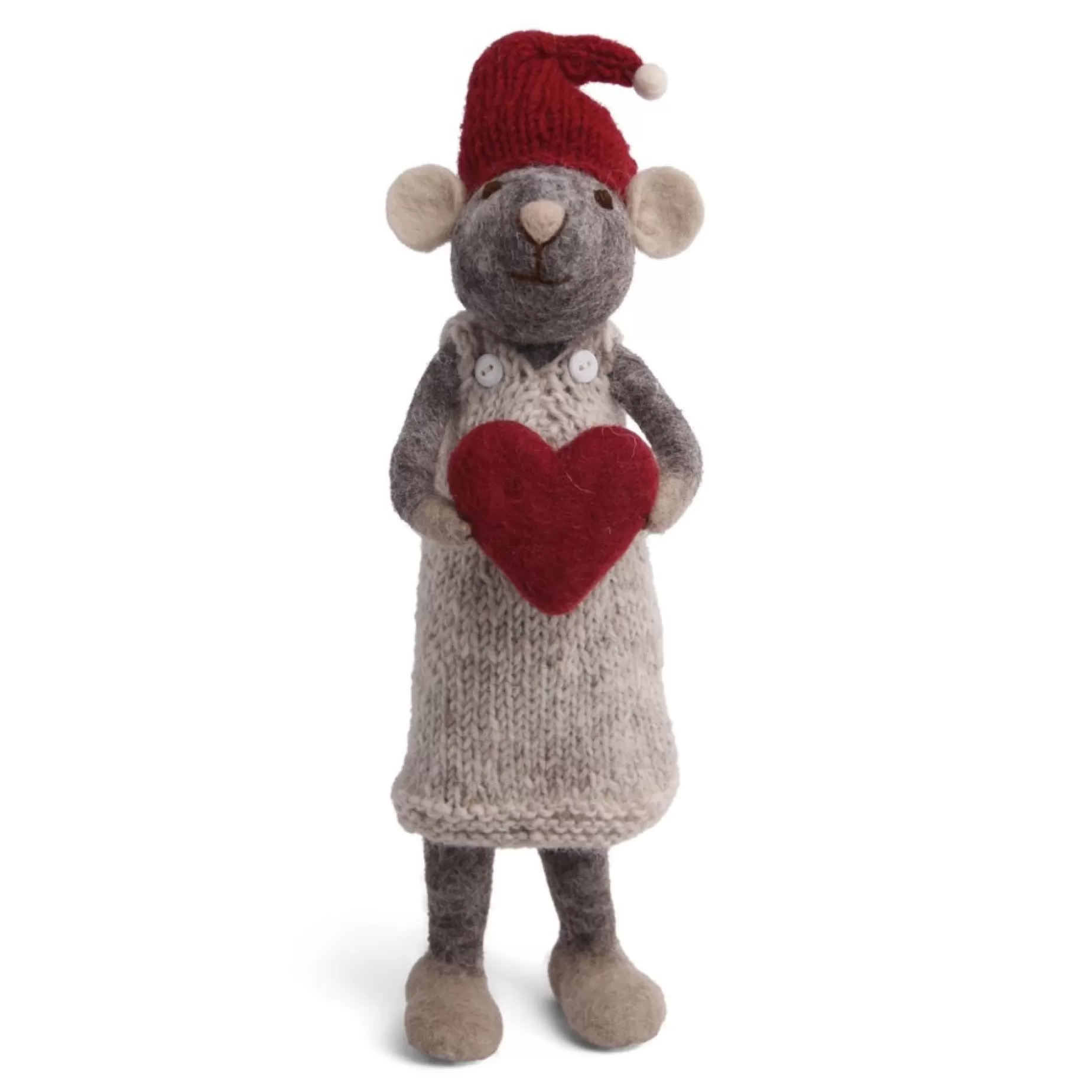 En Gry & Sif Christmas Figurine - Winter Mouse Girl (Large) With Heart (Grey) | Felt Figurines