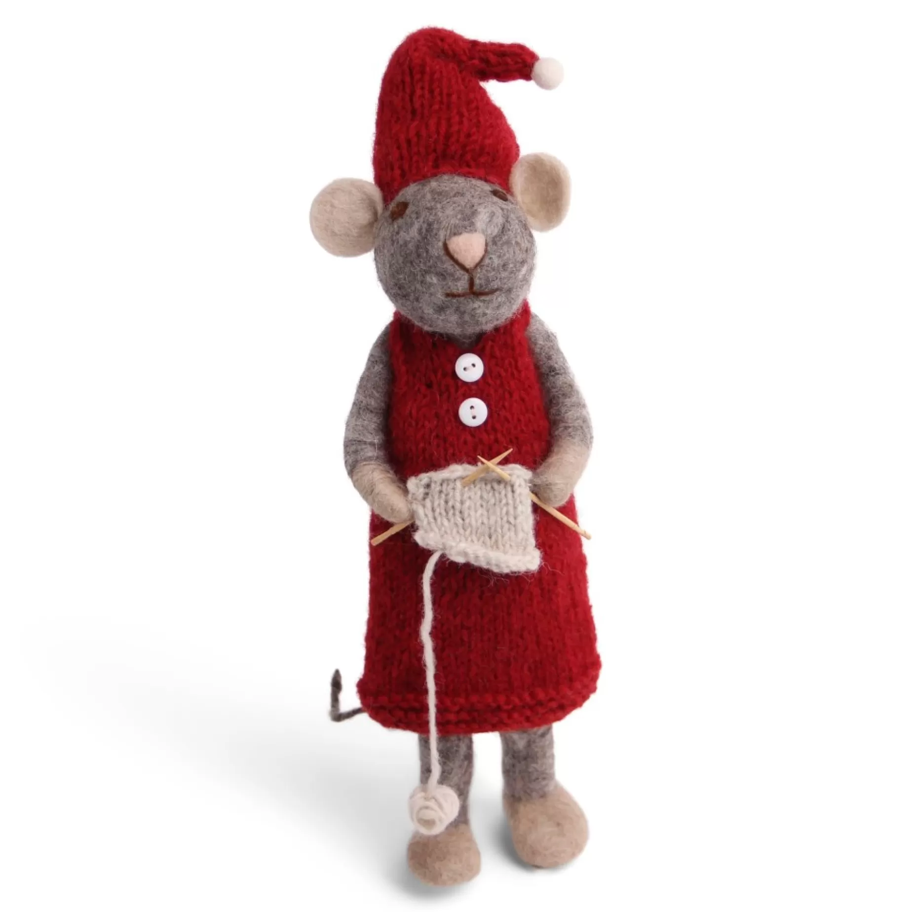 En Gry & Sif Christmas Figurine - Winter Mouse Knitting (Grey) - Large | Felt Figurines