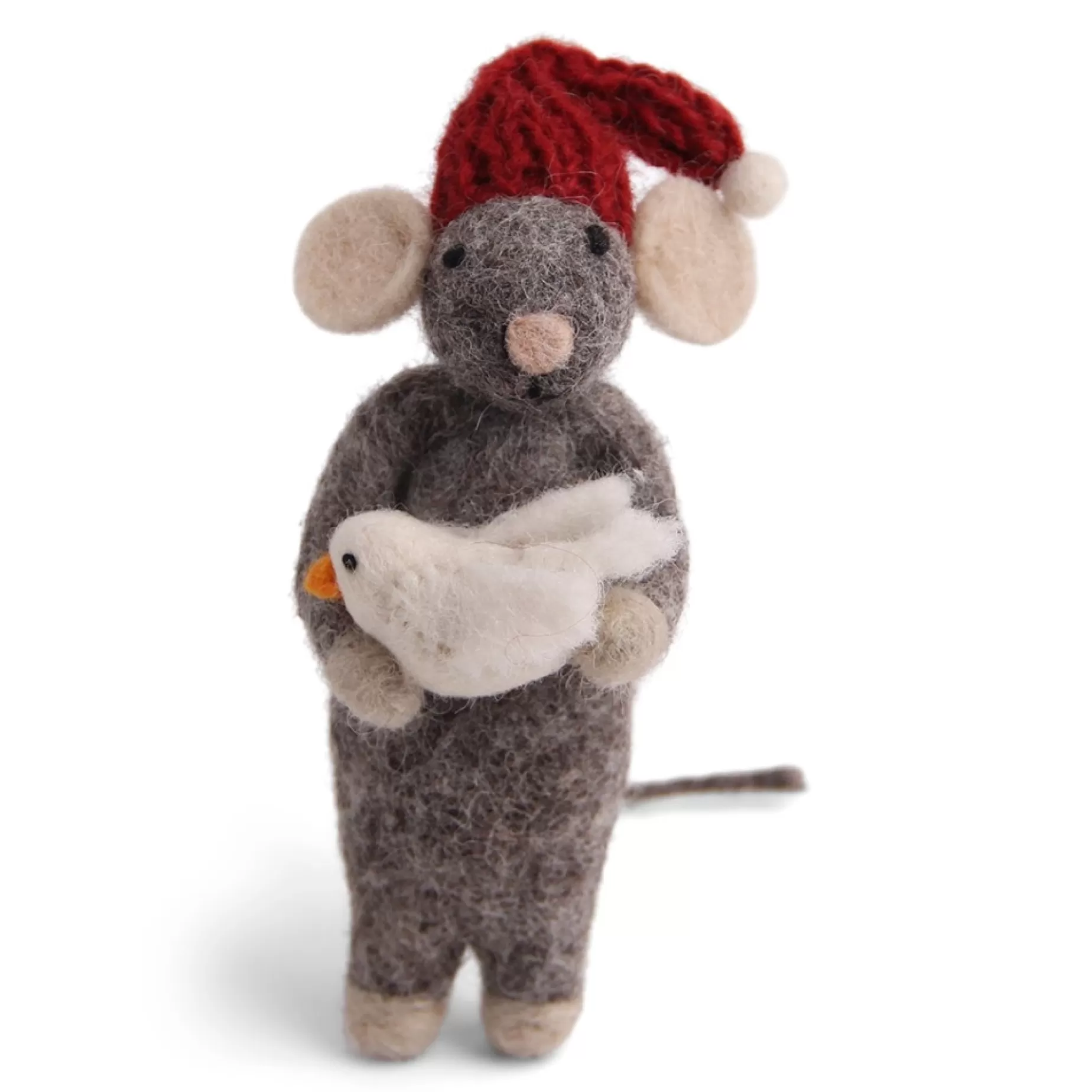 En Gry & Sif Christmas Figurine - Winter Mouse (Medium) With Bird (Grey) | Felt Figurines