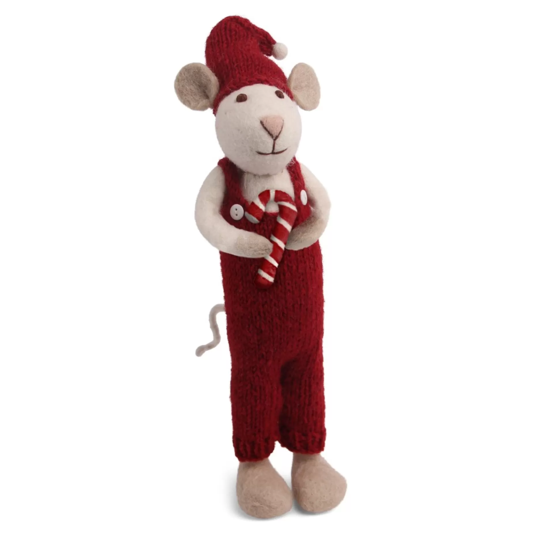 En Gry & Sif Christmas Figurine - Winter Mouse With Candy Cane (White) - Large | Felt Figurines