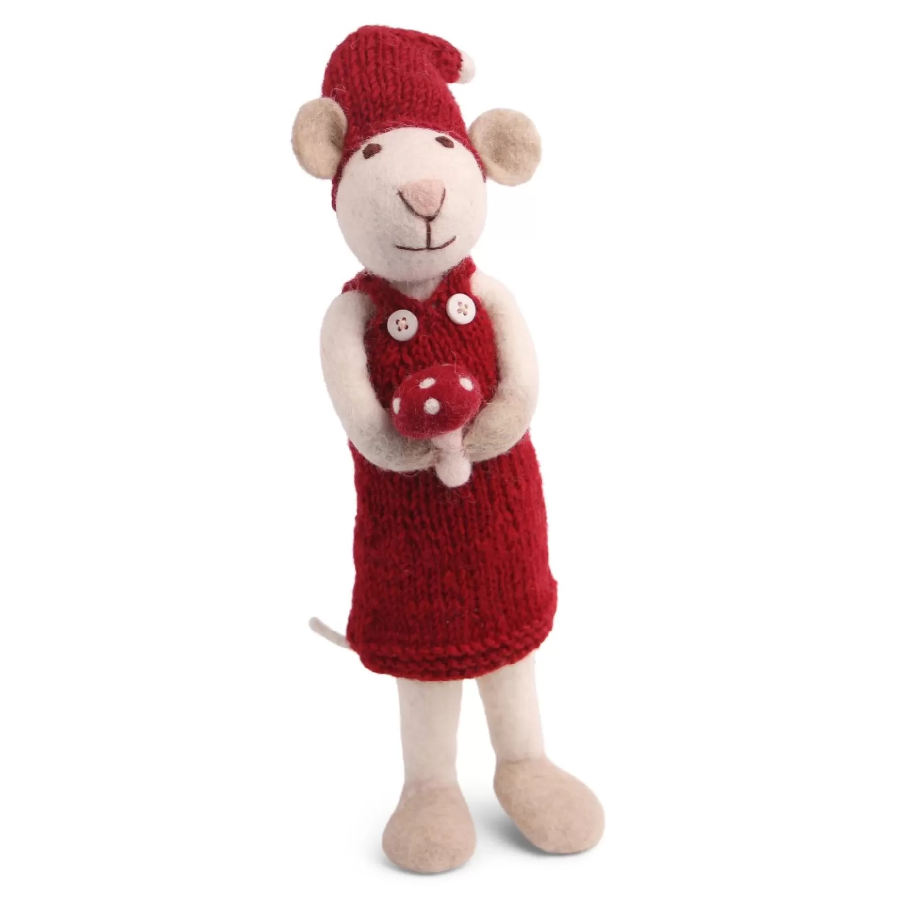 En Gry & Sif Christmas Figurine - Winter Mouse With Mushroom (White) - Large | Felt Figurines