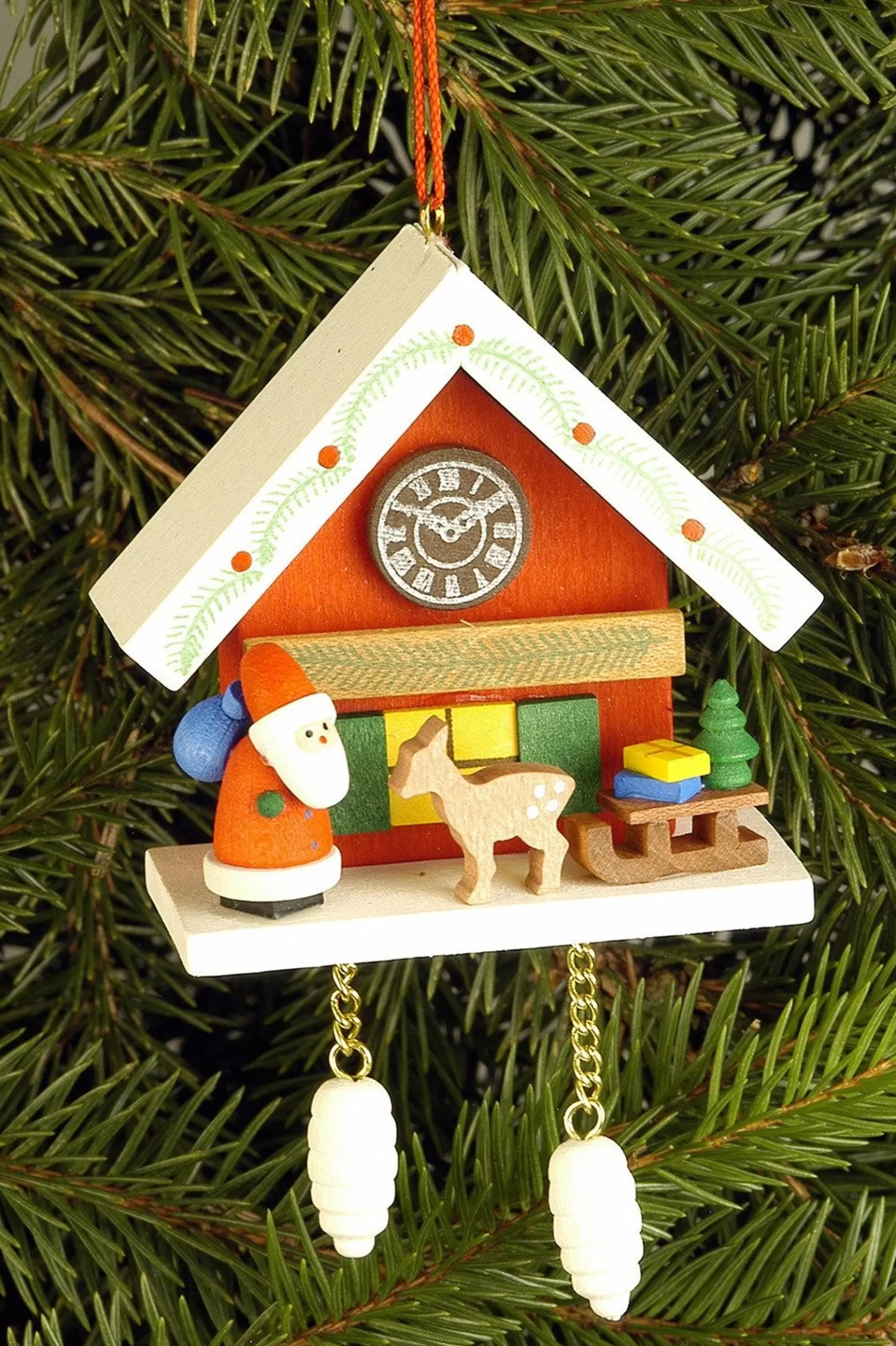 Christian Ulbricht Cuckoo Clock - Santa And Reindeer Under Snow-Capped Roof - Christmas Tree Decoration | All Tree Decorations